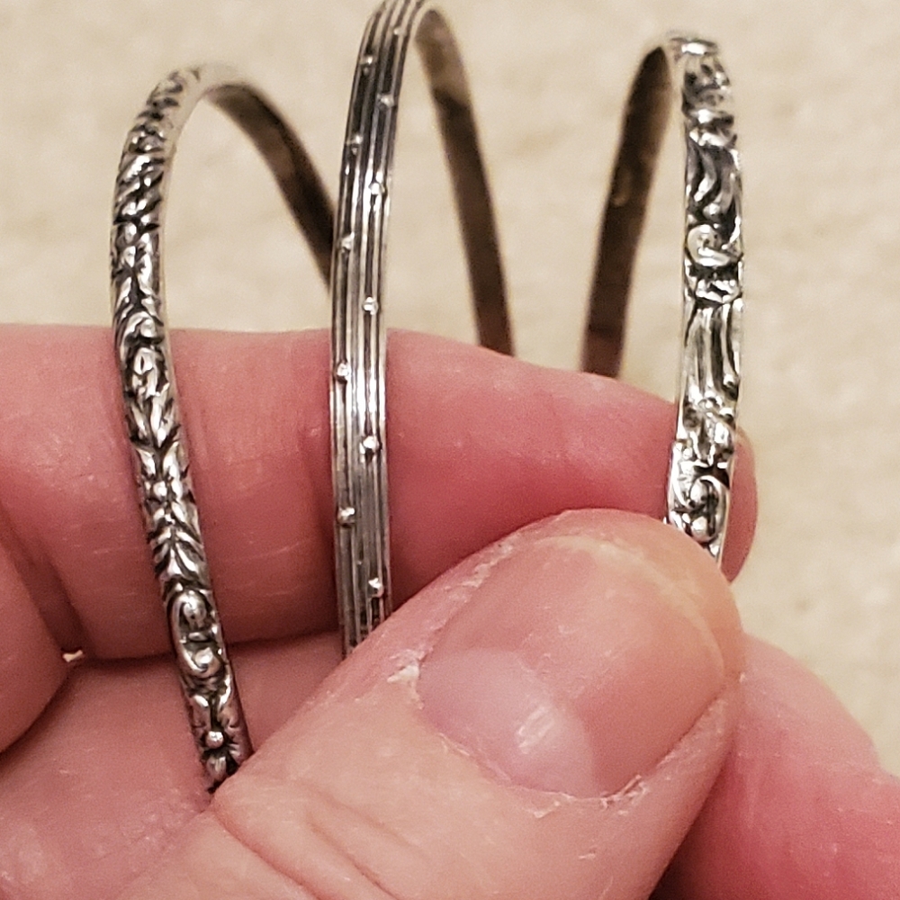 Set of 3 Sterling Silver Bracelets For Stacking Textured Etched Carved